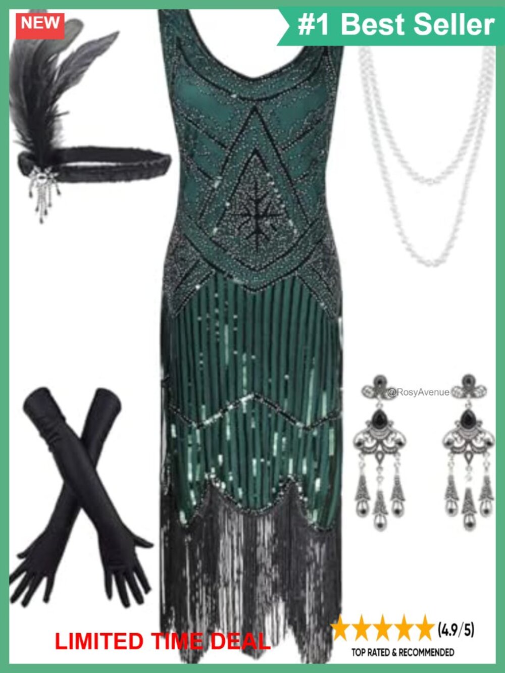 1920s Sequin Beaded Flapper Dress with Tassel Hem & 7-Piece Accessory Set